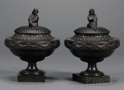Pair of Wedgwood and Bentley Black Basalt Vases and Cover